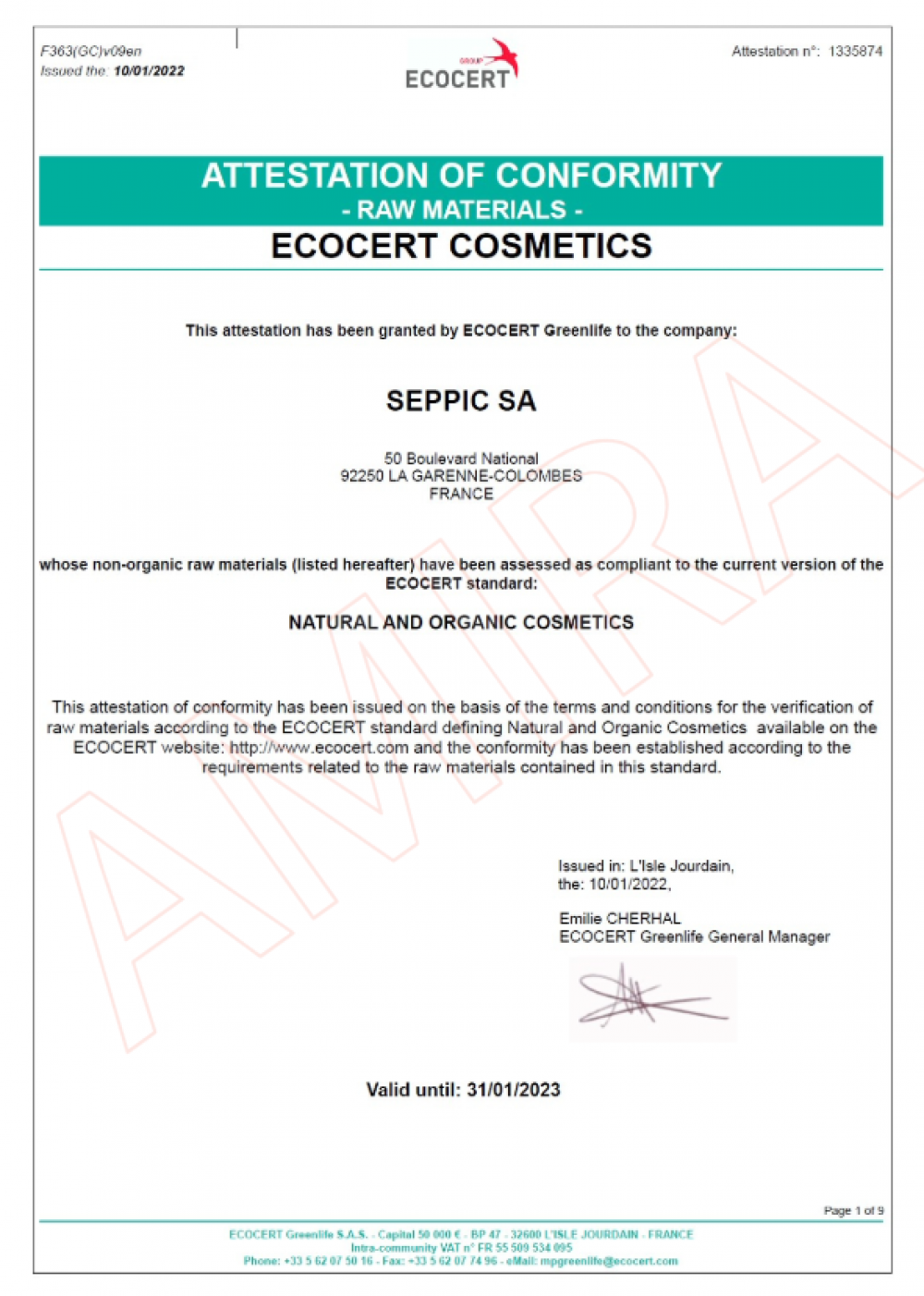ECOCERT Greenlife 於 2022 年 1 月 10 日核發給 SEPPIC SA 的符合性證明，確認其非有機原料，包含白夏菊萃取 (Aster Maritima/Tripolium E