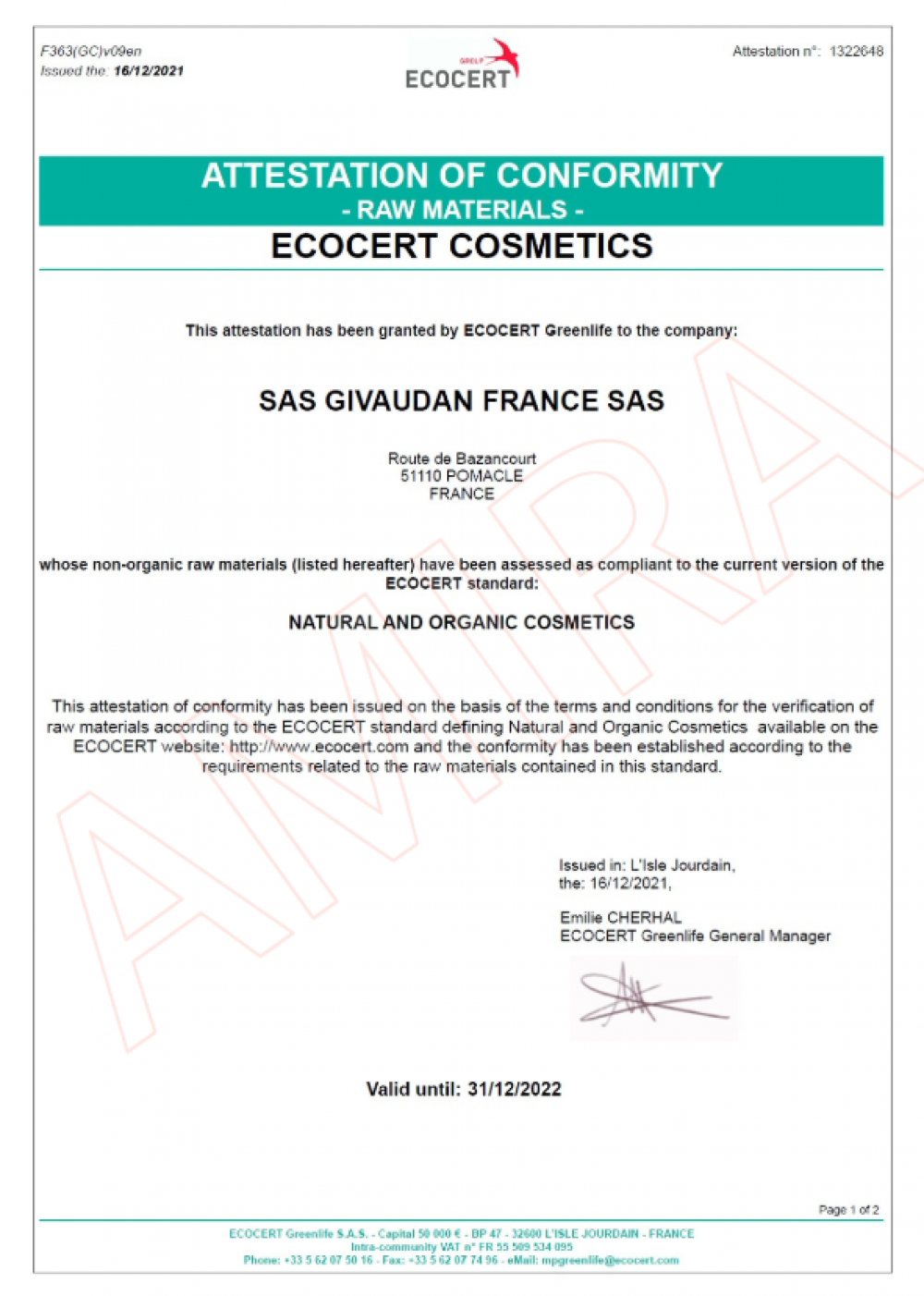 ECOCERT Greenlife 於 2021 年 12 月 16 日核發給 SAS GIVAUDAN FRANCE SAS 的符合性證明，確認其非有機原料，特別是 OCALINE XP（包含海泉水
