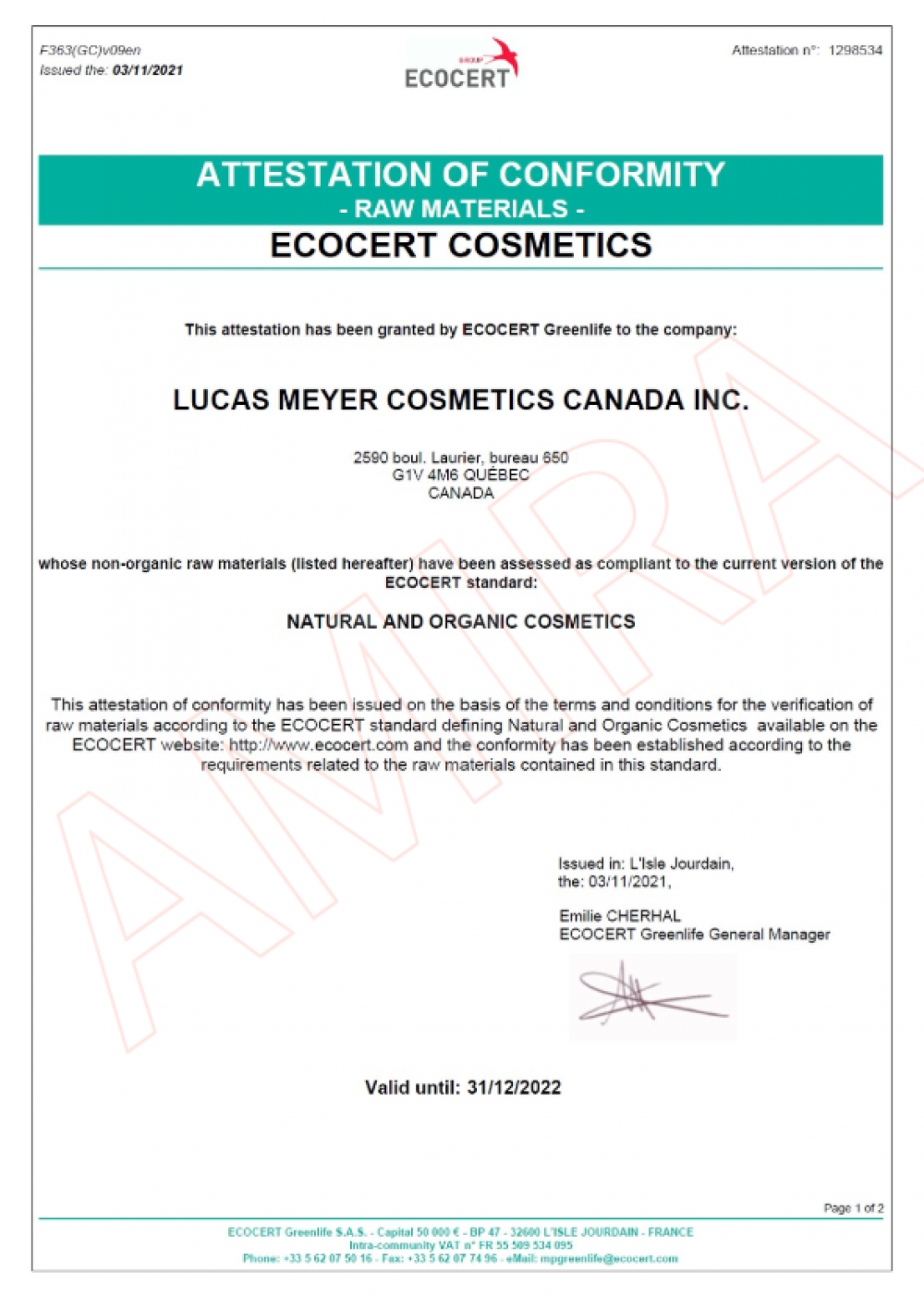 ECOCERT Greenlife 於 2021 年 11 月 3 日核發給 LUCAS MEYER COSMETICS CANADA INC. 的符合性證明，確認其非有機原料，包括紅楓樹萃取 (Ac