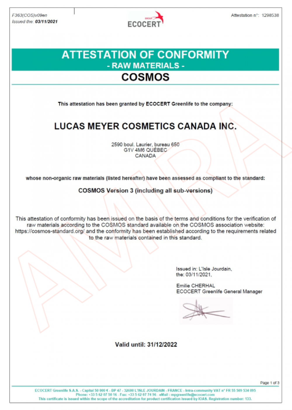 ECOCERT Greenlife 於 2021 年 11 月 3 日核發給 LUCAS MEYER COSMETICS CANADA INC. 的符合性證明，確認其非有機原料符合 COSMOS Ve