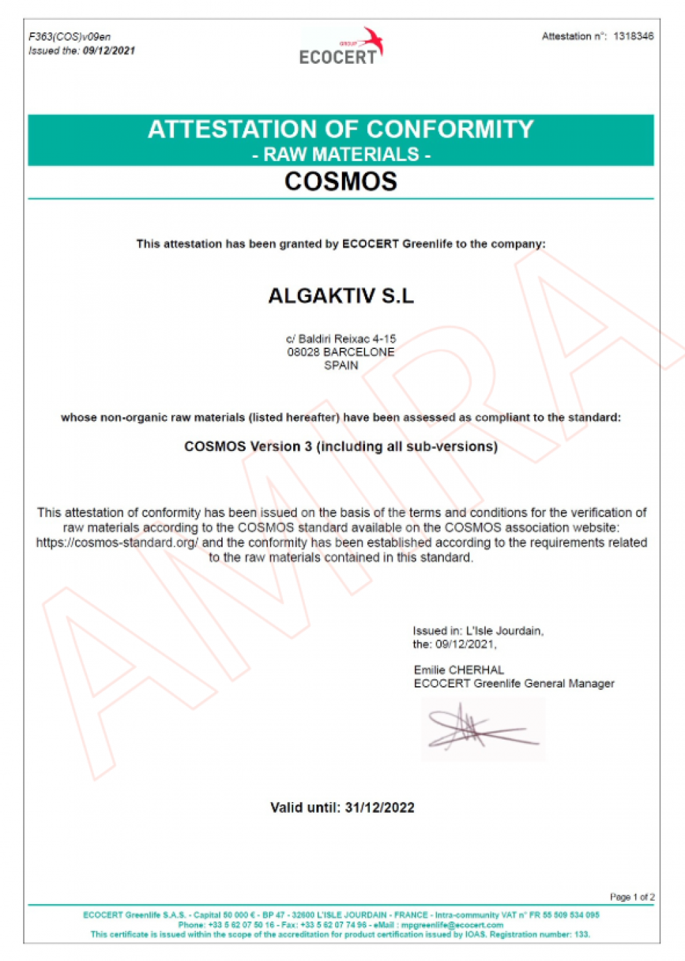 ECOCERT Greenlife 核發給 ALGAKTIV S.L. 的 COSMOS 標準符合性證明，確認其非有機原料，特別是 ALGAKTIV® Zen（浮游生物萃取物、向日葵籽油和生育酚），符