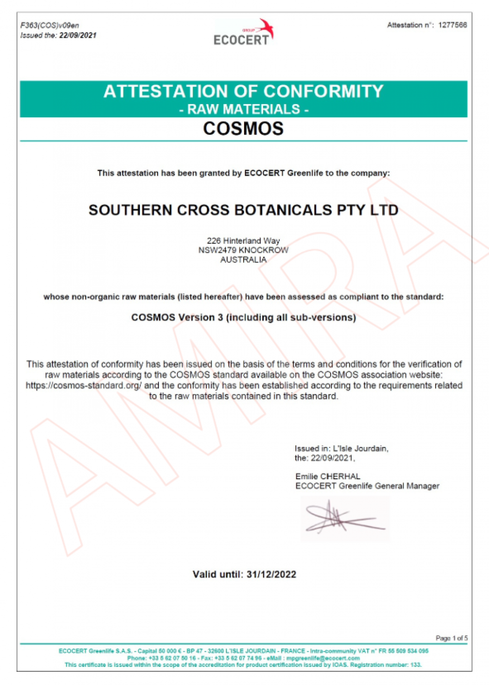 ECOCERT Greenlife 核發給 SOUTHERN CROSS BOTANICALS PTY LTD 的 COSMOS 標準符合性證明，列出其非有機原料（包括澳洲檀香油、卡卡杜李萃取物、麥蘆