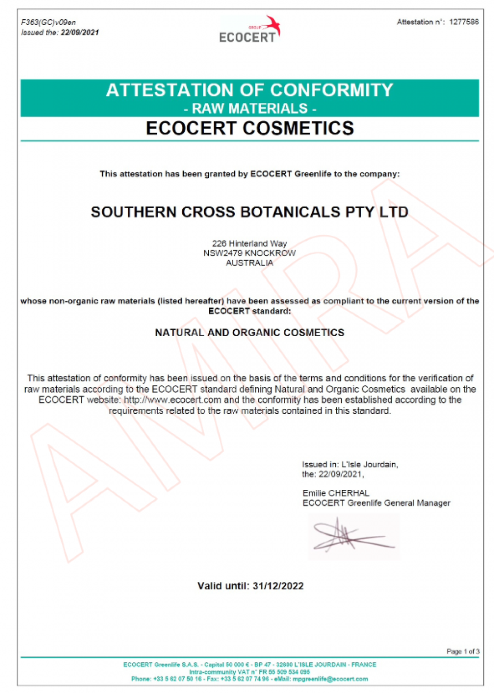 ECOCERT Greenlife 核發給 SOUTHERN CROSS BOTANICALS PTY LTD 的符合性證明，確認其非有機原料符合 ECOCERT 天然和有機化妝品標準，並列出所有經批