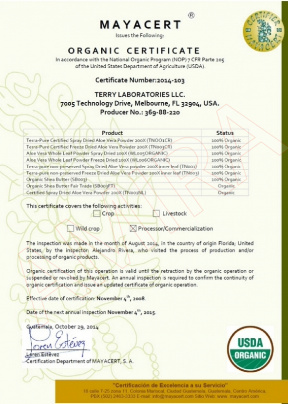 USDA 有機蘆薈萃取證書 2021 - TERRY LABORATORIES LLC