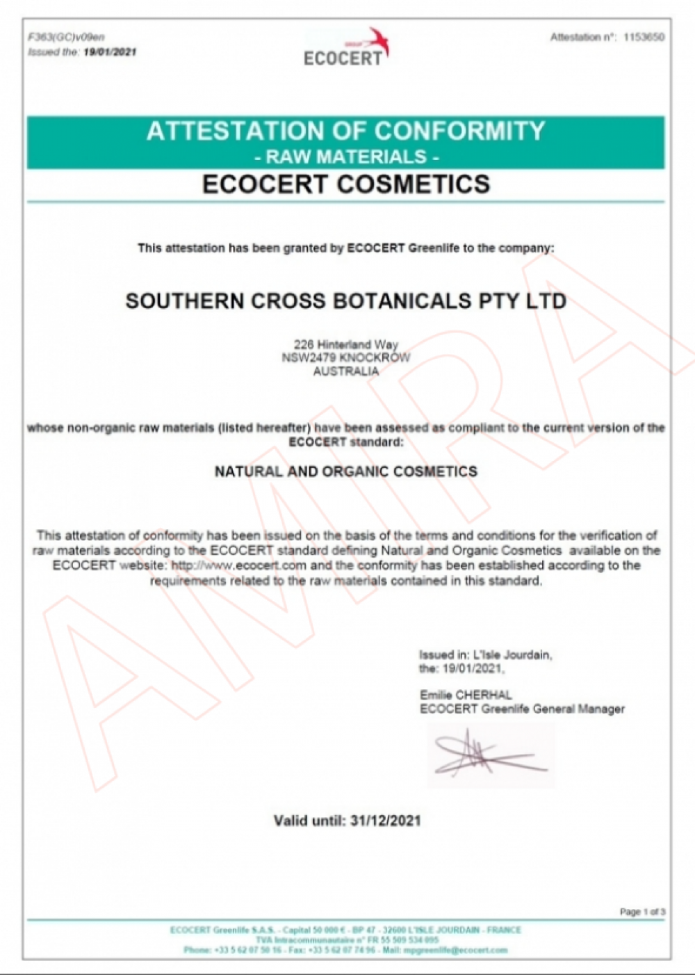 ECOCERT 卡卡杜李萃取原料符合性證明 2021 - SOUTHERN CROSS BOTANICALS PTY LTD