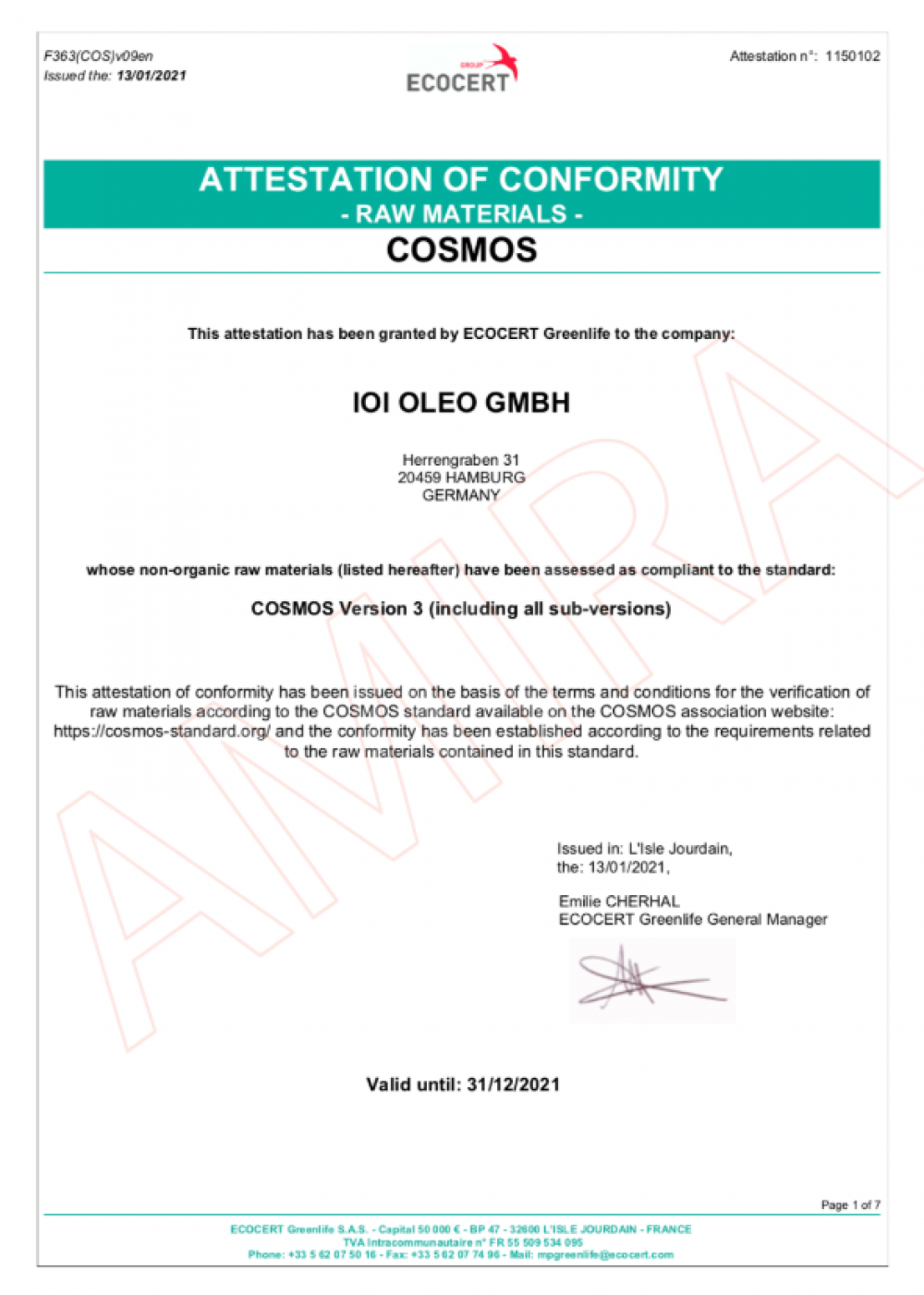COSMOS Coco-Caprylate/Caprate 原料符合性證明 2021 - IOI OLEO GMBH