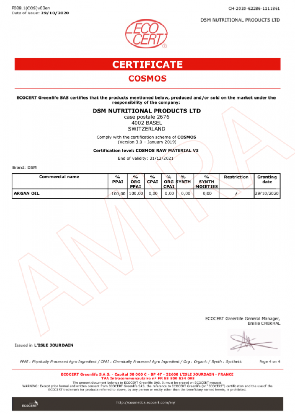 ECOCERT 有機摩洛哥堅果油證書 2020-2021 - DSM NUTRITIONAL PRODUCTS LTD