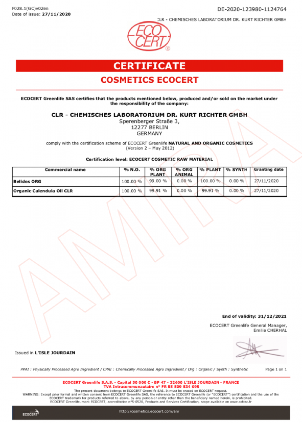 ECOCERT 有機金盞花油證書 2020-2021 - CLR CHEMISCHES LABORATORIUM DR. KURT RICHTER GMBH