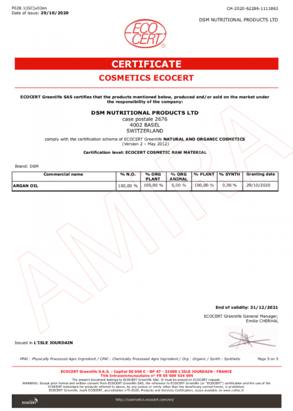 ECOCERT 有機摩洛哥堅果油證書 2020-2021 - DSM NUTRITIONAL PRODUCTS LTD