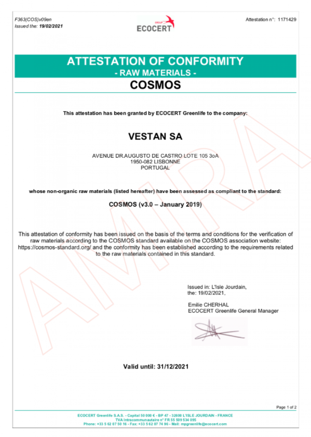 ECOCERT Greenlife 於 2021 年 2 月 19 日核發給 VESTAN SA 的 COSMOS 標準符合性證明，確認其非有機原料，包括植物性角鯊烷 (Vegetable Squal