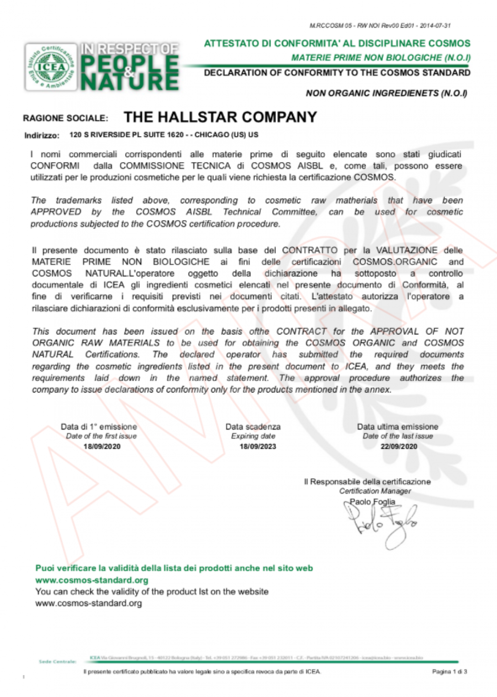 ICEA 為 THE HALLSTAR COMPANY 核發的 COSMOS 標準符合性證明，確認其非有機原料，包括多種乳油木果油（例如 BIOCHEMICA® SHEA BUTTER ORGANIC