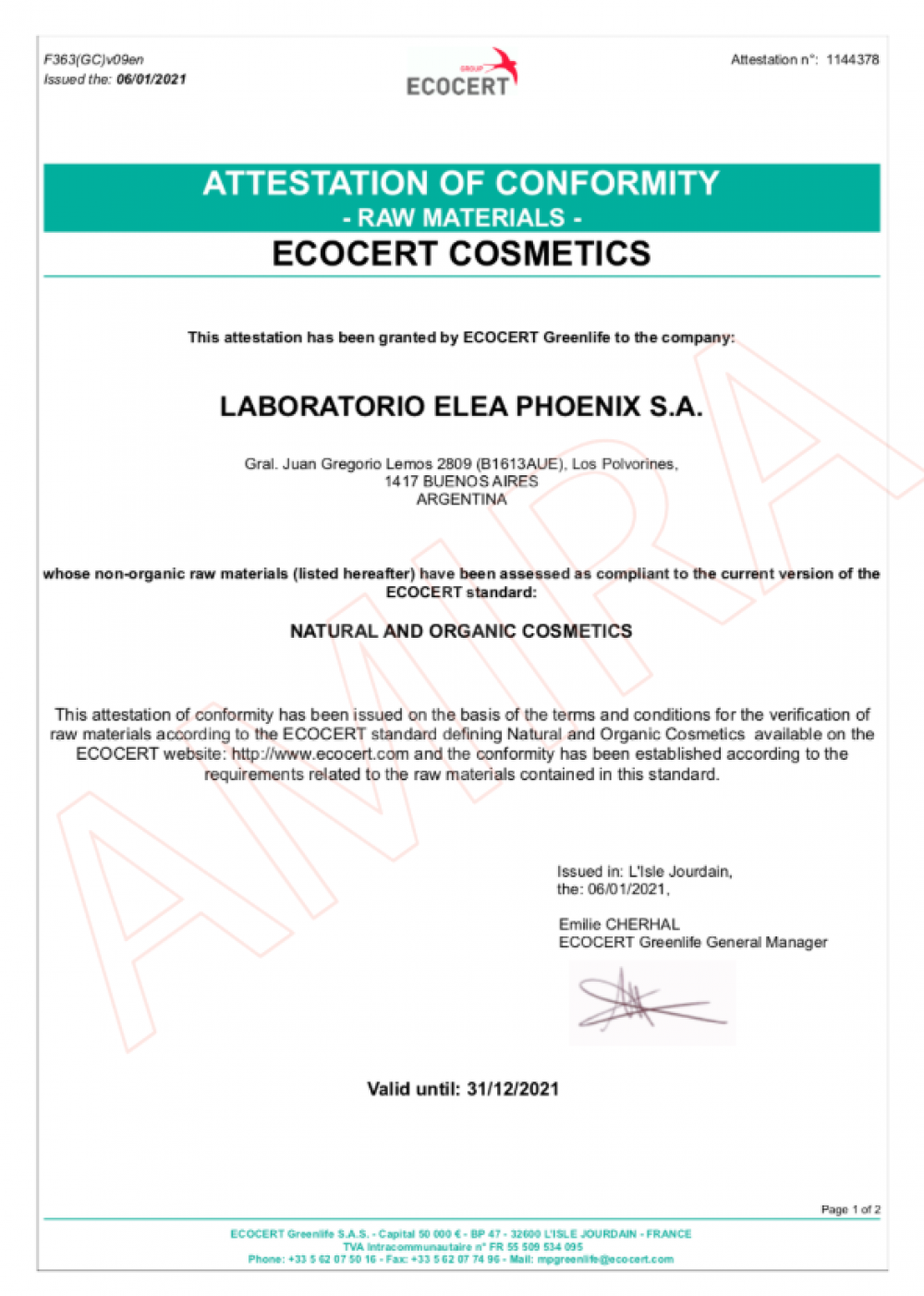 ECOCERT Greenlife 於 2021 年 1 月 6 日核發給 LABORATORIO ELEA PHOENIX S.A. 的符合性證明，確認其非有機原料，包括黃金天然荷荷芭油和透明精煉荷