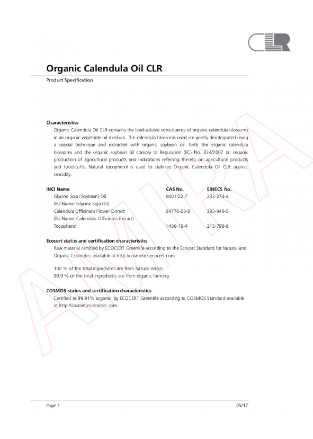 這份文件是 CLR 提供的一份有機金盞花油產品規格書，詳細說明了其作為有機化妝品原料的特性，包括其成分、ECOCERT 和 COSMOS 認證狀態（強調其高有機成分比例），以及在護膚產品中的應用、儲存