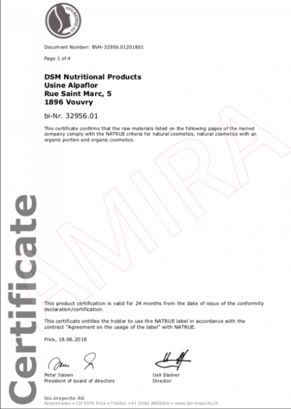 NATRUE Alpaflor 系列天然化妝品原料證書 2018-2020 - DSM Nutritional Products