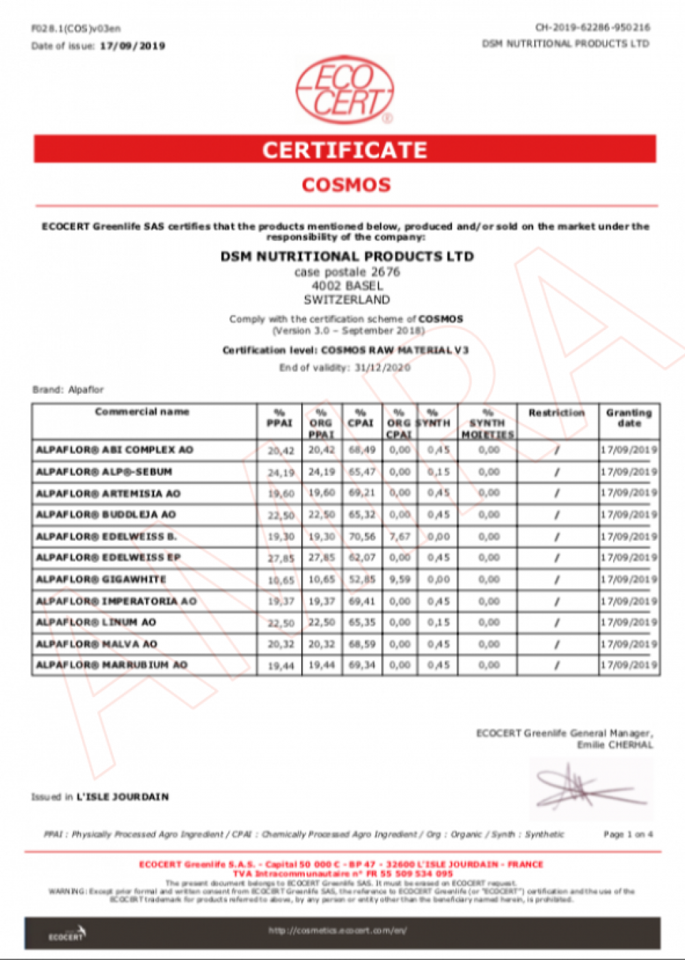 COSMOS Alpaflor 系列化妝品原料證書 2020 - DSM Nutritional Products