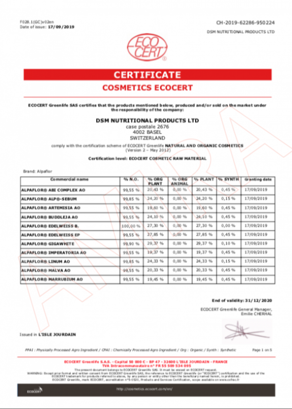ECOCERT Alpaflor 系列天然與有機化妝品原料證書 2020 - DSM Nutritional Products