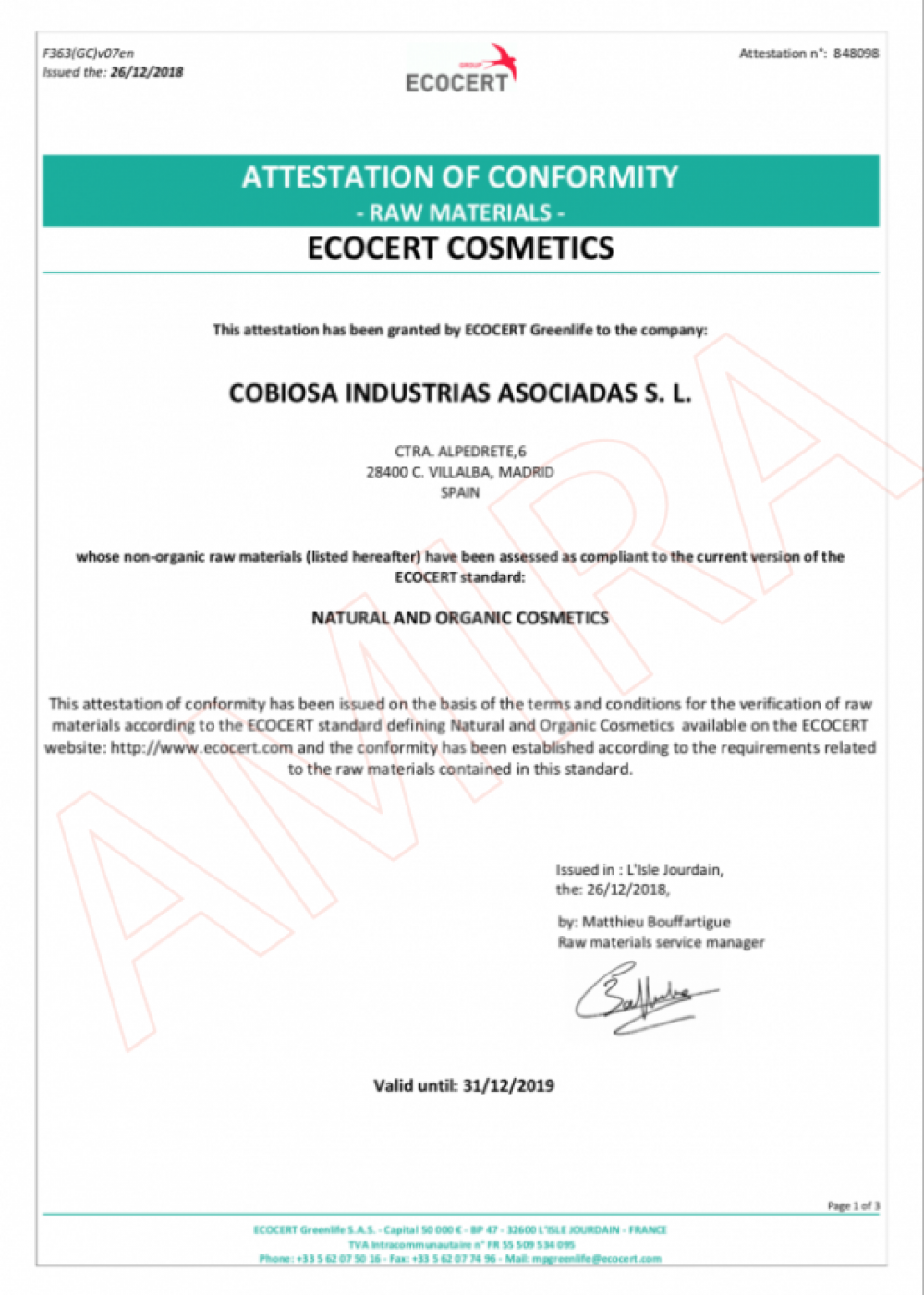 ECOCERT Cobiosa 化妝品原料符合性證明 2019