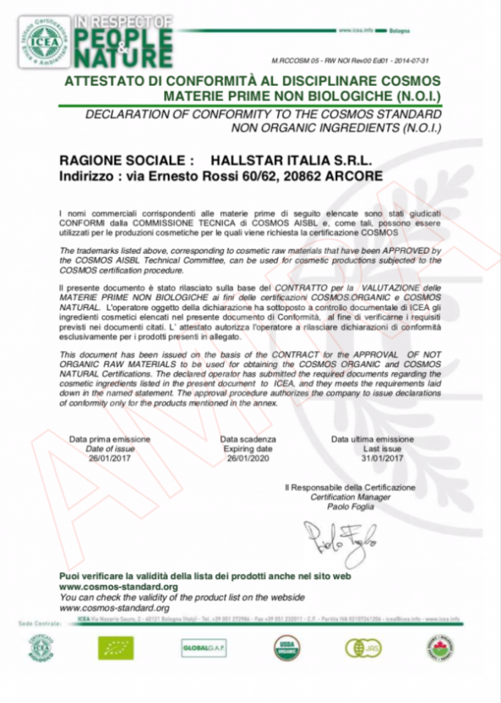 COSMOS APPROVED Hallstar Italia 化妝品原料符合性證明 2020
