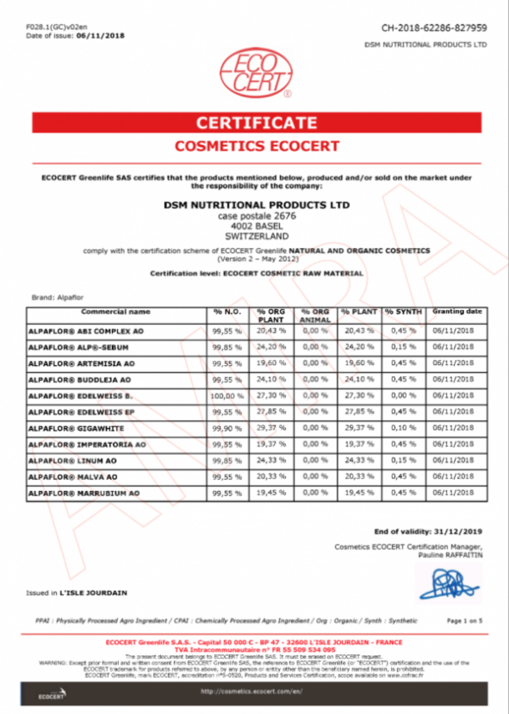 ECOCERT Alpaflor 系列天然與有機化妝品原料證書 2019 - DSM Nutritional Products