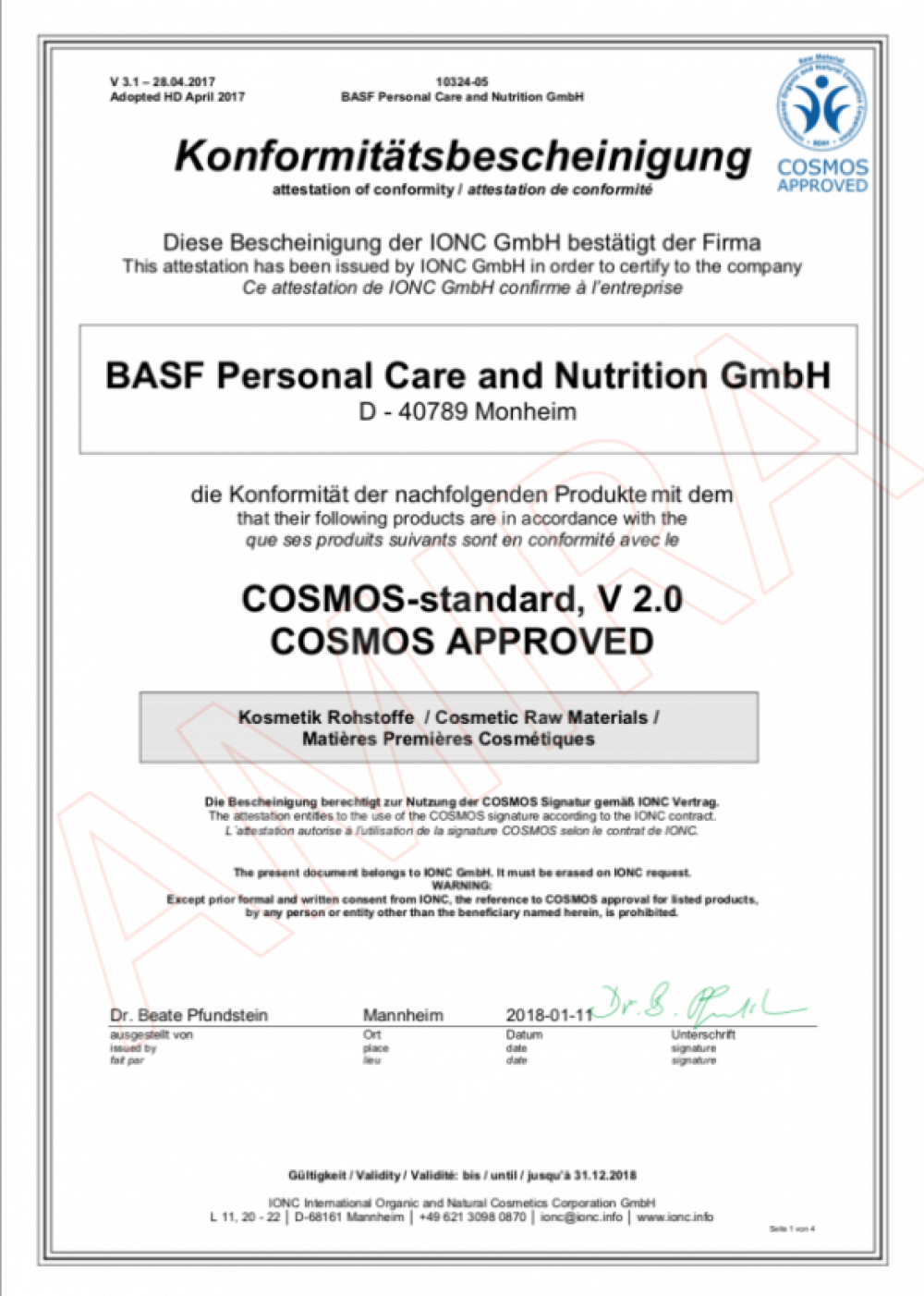 COSMOS APPROVED BASF 化妝品原料符合性證明 2018
