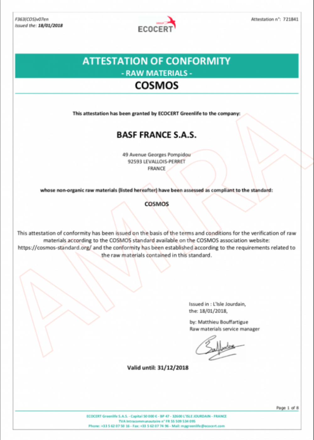 COSMOS APPROVED BASF 化妝品原料符合性證明 2018 - ECOCERT Greenlife