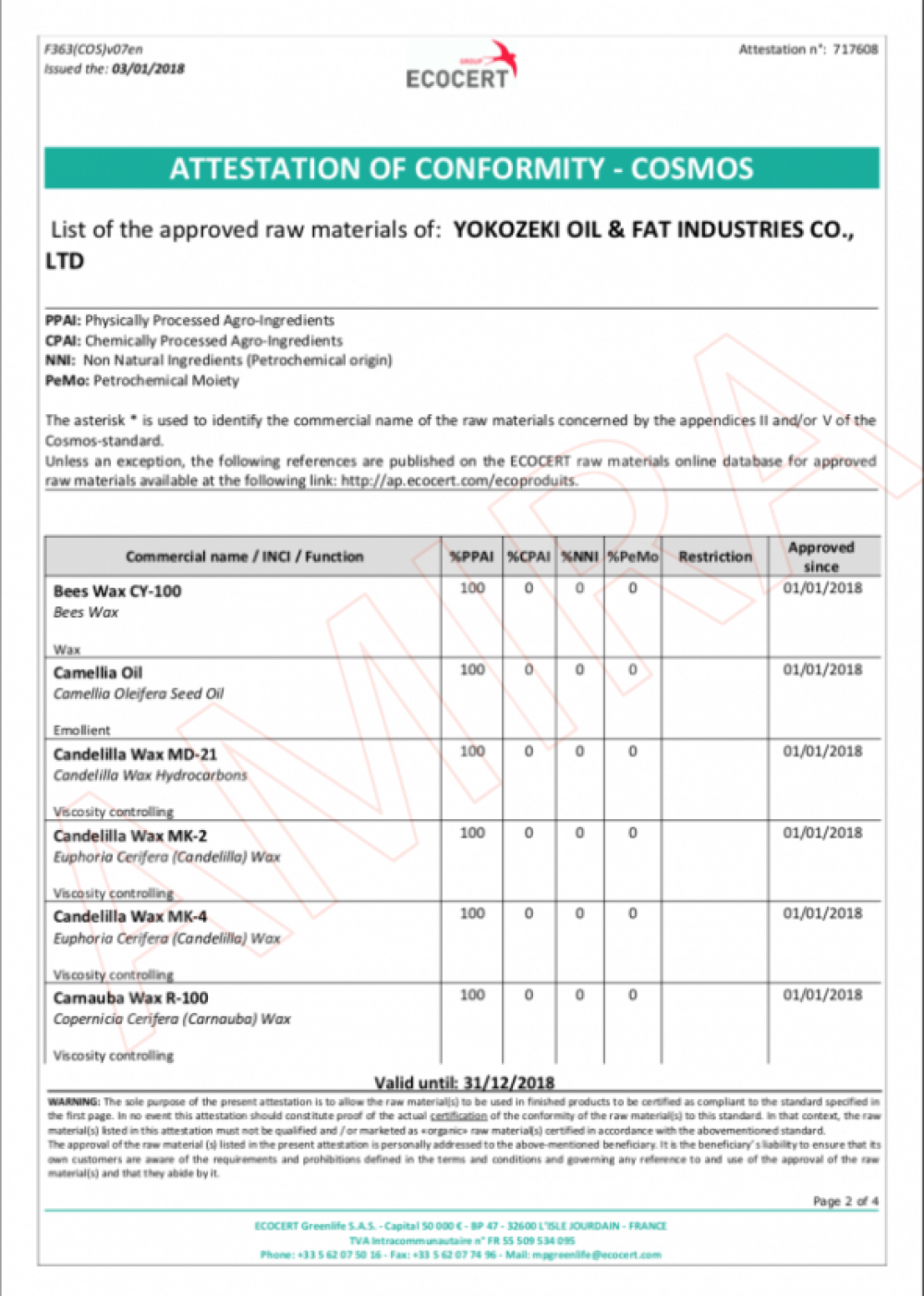 COSMOS APPROVED Yokozeki Oil & Fat Industries 化妝品原料符合性證明 2018