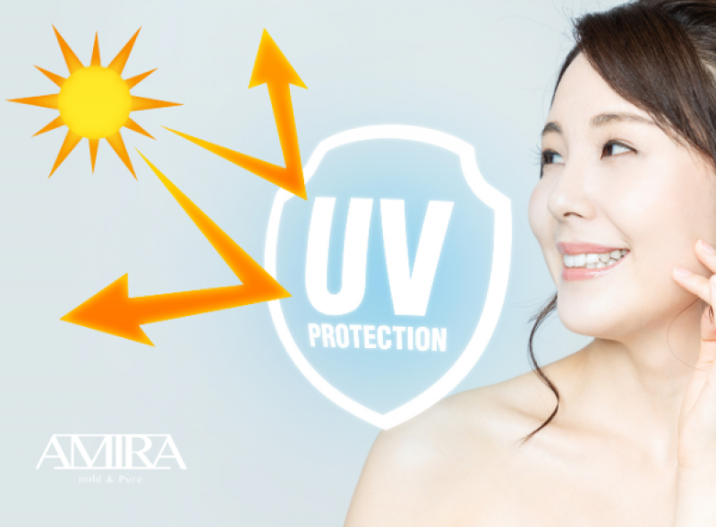 AMIRA防曬UV防護示意圖，展現防曬乳阻擋紫外線的效果