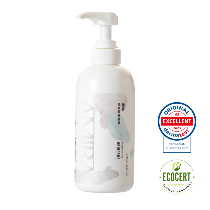 AMIRA鵝米樂無香受損髮修護霜，白色按壓瓶設計，標示Dermatest與ECOCERT雙重認證，容量500ML