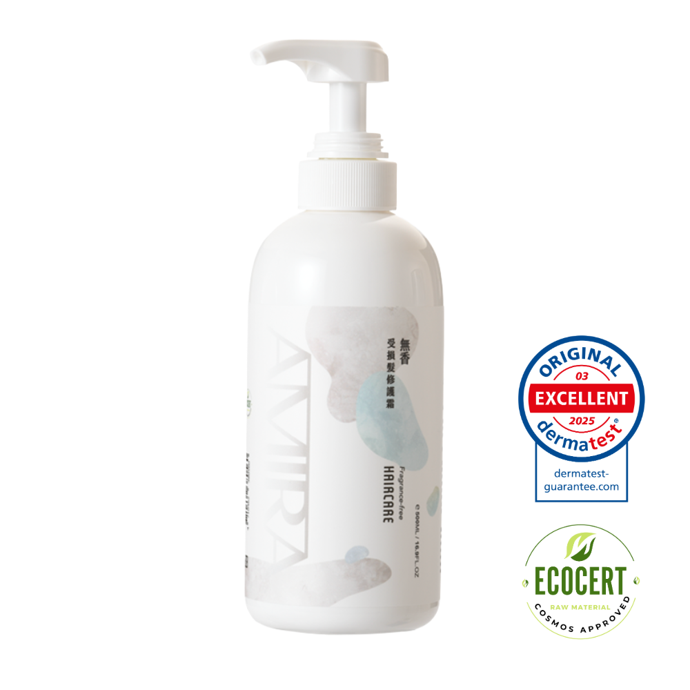 AMIRA鵝米樂無香受損髮修護霜500ML，白色按壓瓶設計，標示Dermatest與ECOCERT雙重認證