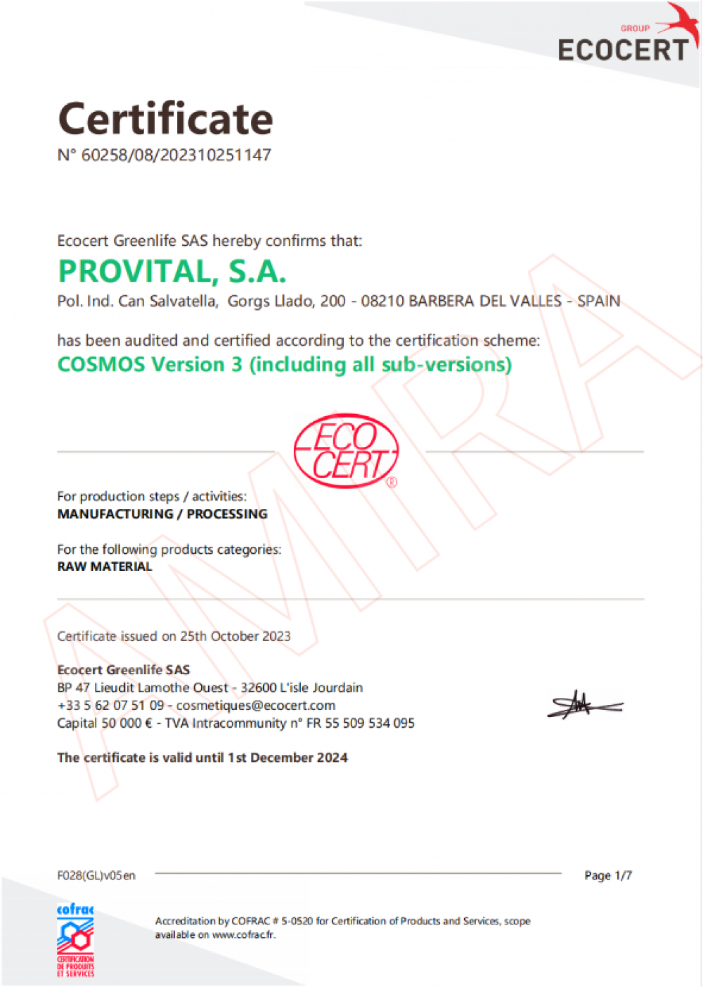 Certificate RM COSMOS CERTIFIED