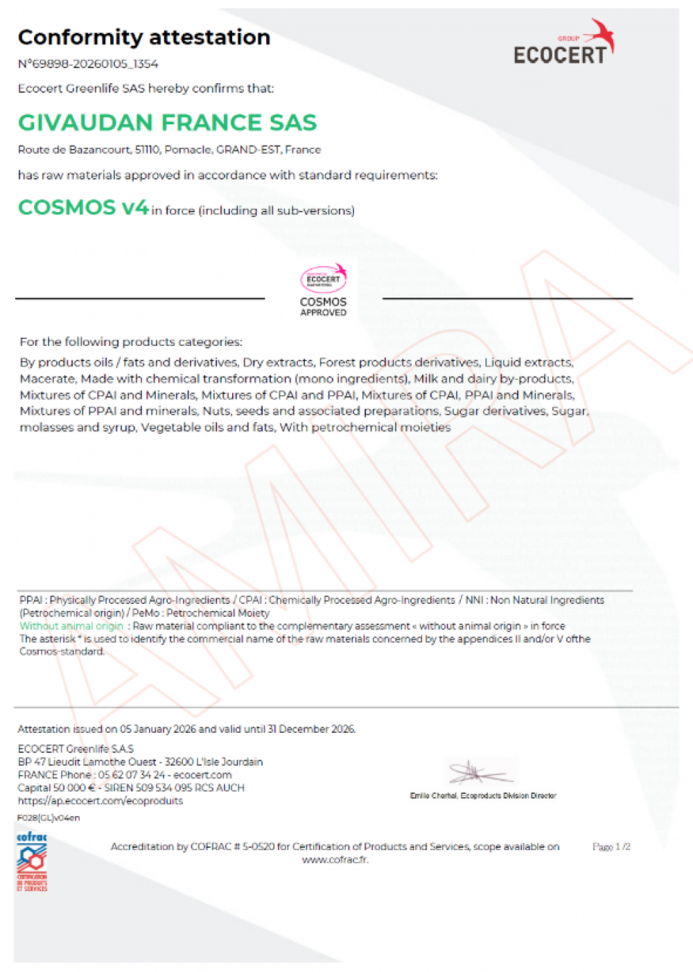 GIVAUDAN FRANCE SAS 原料獲得 ECOERT COSMOS v4 國際有機認證文件證明