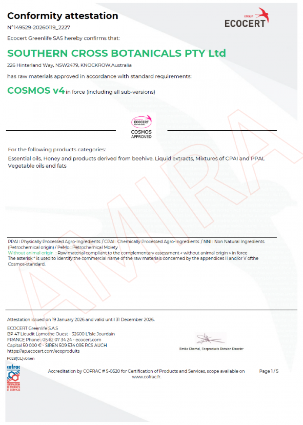 SOUTHERN CROSS BOTANICALS 澳洲原料獲得 ECOCERT COSMOS v4 國際有機認證文件證明