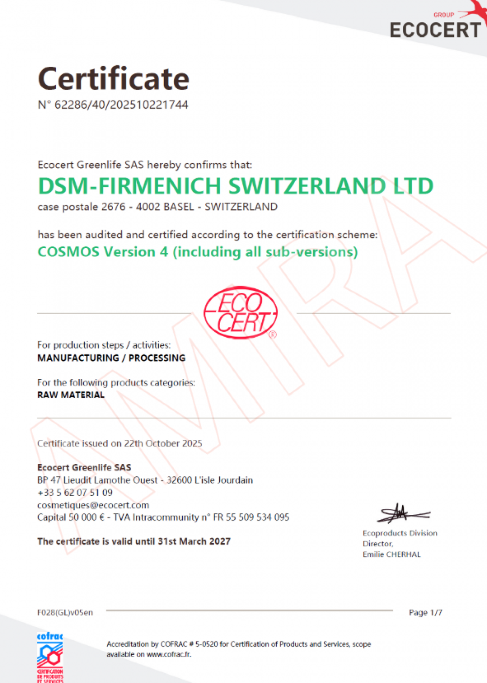 DSM-FIRMENICH SWITZERLAND LTD 瑞士原料商獲得 ECOCERT COSMOS Version 4 國際有機認證證書