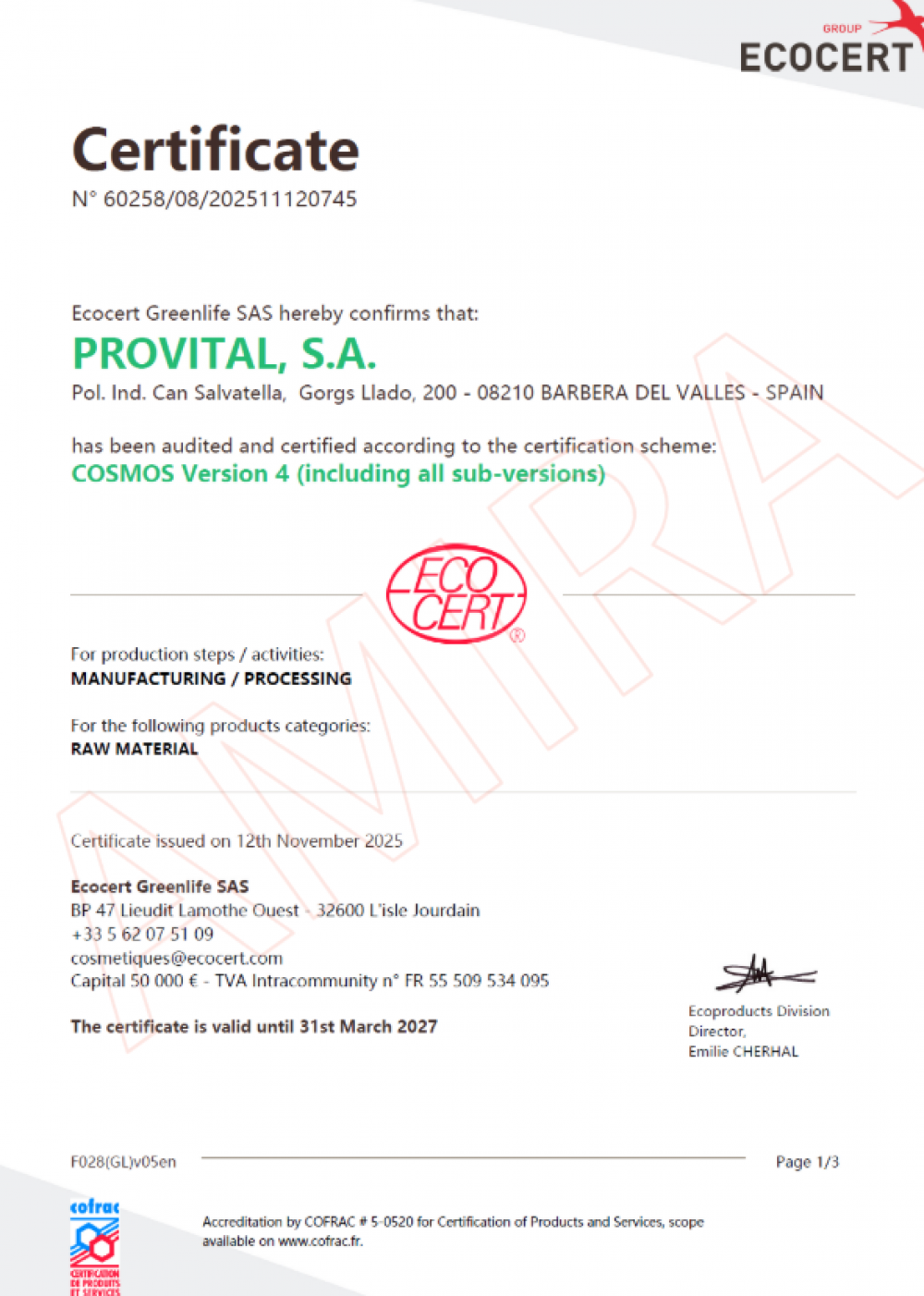 PROVITAL S.A. 西班牙原料商獲得 ECOCERT COSMOS Version 4 國際有機認證證書