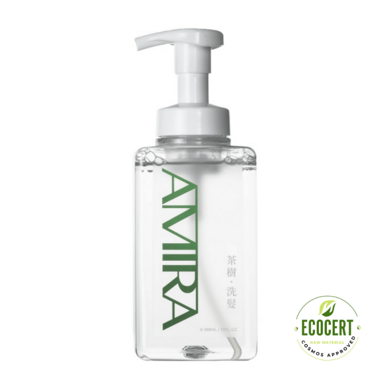 AMIRA A70茶樹洗髮產品照，搭配ECOCERT有機認證標誌