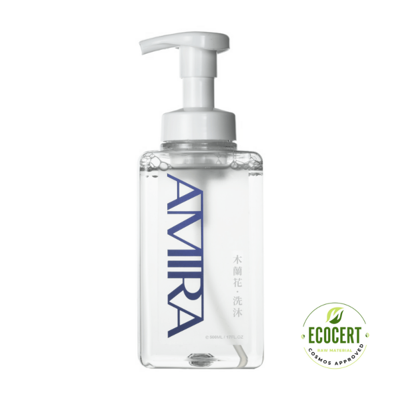 AMIRA A72木蘭花洗沐瓶身 ，搭配ECOCERT有機認證標誌