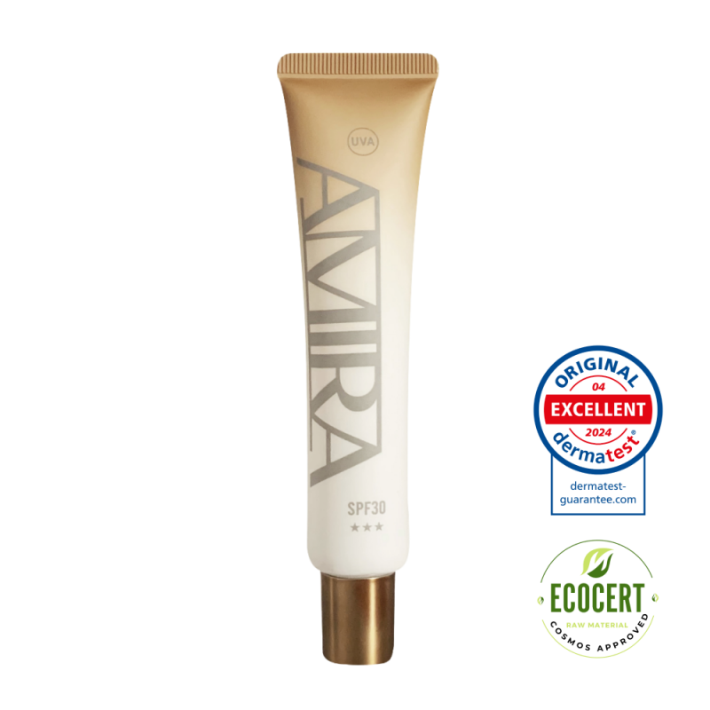 AMIRA 白夏菊全物理防曬隔離霜【膚色/SPF30】，搭配ECOCERT有機認證標誌與dermatest的EXCELLENT標章